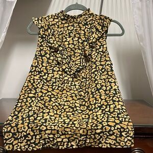 EUC Who What Wear Women's Medium Tan and Black Animal Print Ruffle Blouse